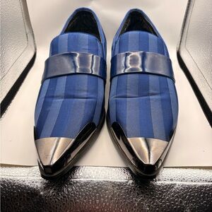 Bolano Blue Striped Metallic Toe Monk Strap Slip On Men's Dress Shoes